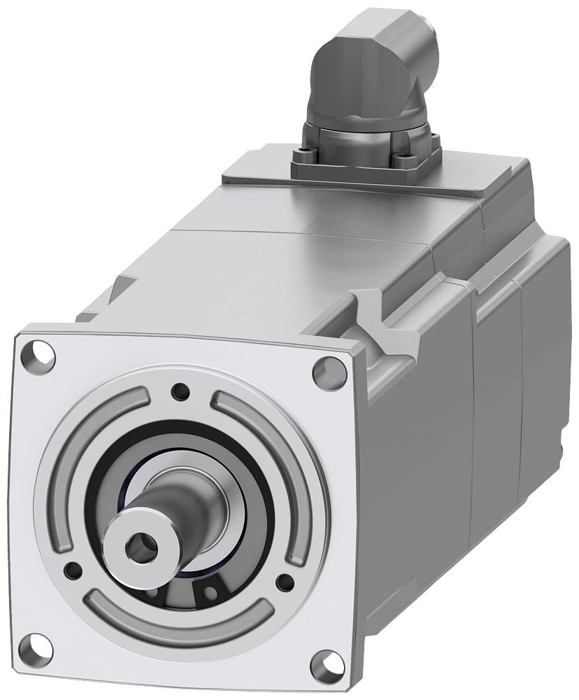 Ein silberner Elektromotor mit quadratischer Frontplatte und abgerundeten Kanten. Er ist von oben in einem Winkel zu sehen.