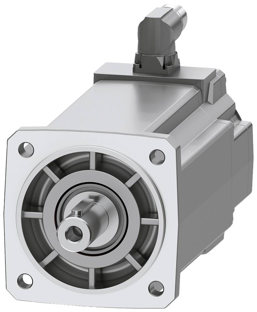 Ein grauer Elektromotor mit rechteckiger Vorderseite und abgerundeten Ecken. Ein Anschluss ist oben angebracht.