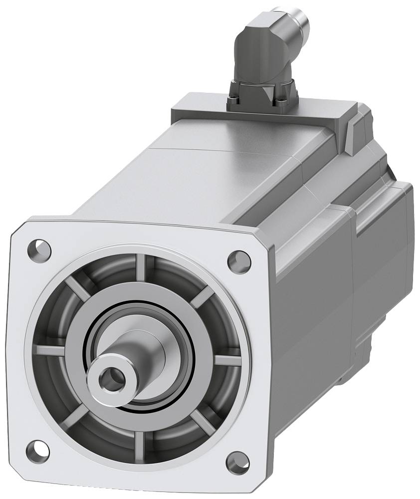 Ein graues Elektromotor-Modell mit einem zylindrischen Gehäuse und einer rotierenden Welle, von einem Anschluss oben führend.