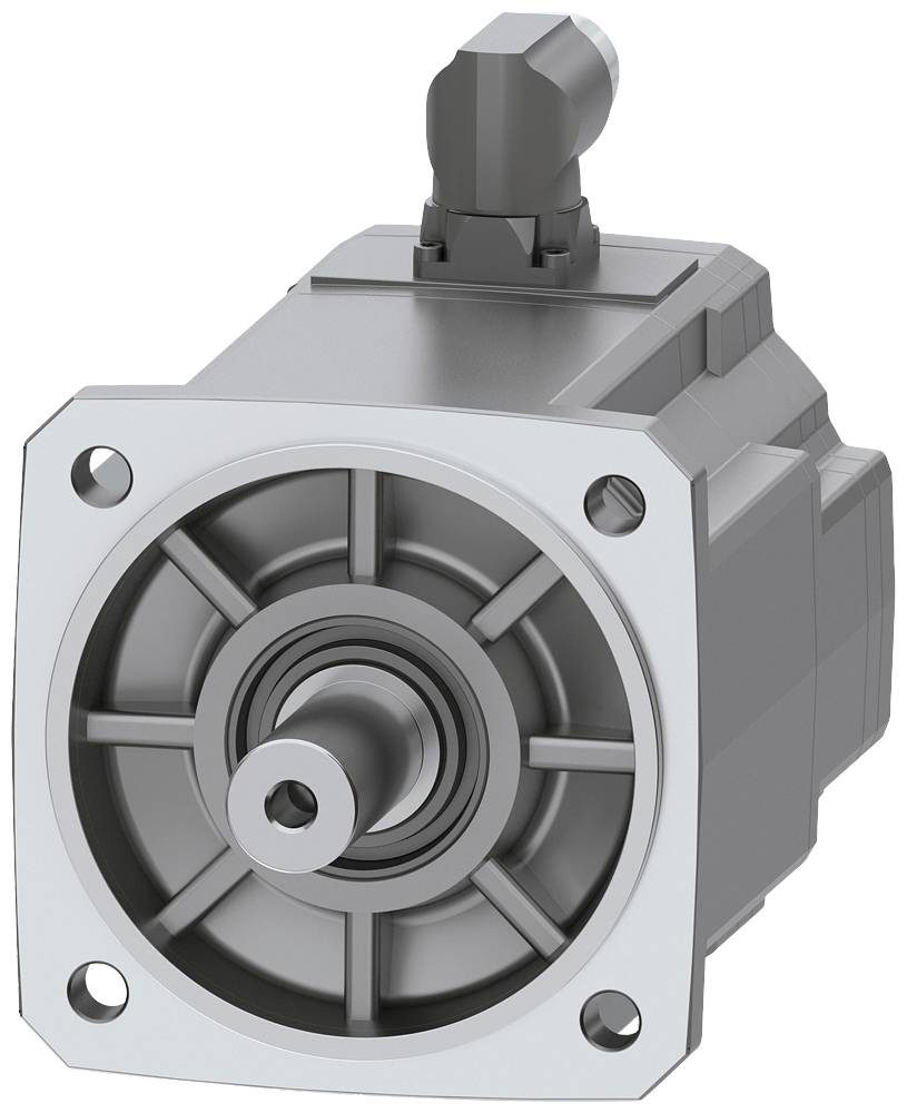 Elektrischer Motor in grauer Farbe, mit Flansch und Welle an der Vorderseite, geeignet für industrielle Anwendungen.