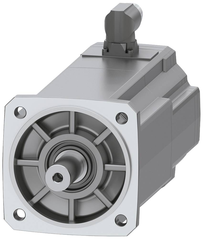 Ein silbernes Elektromotor-3D-Modell mit Frontansicht, zeigt zylindrischen Rotor und rechteckiges Gehäuse, elektrischer Anschluss oben.