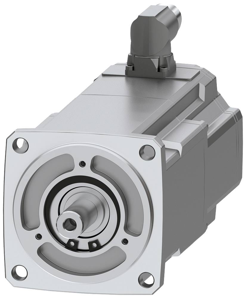 Ein silberner Elektromotor mit rechteckiger Frontplatte und zentraler Achse. Oberer Anschluss gekrümmt, Gehäuse metallisch grau.