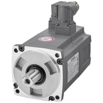Elektromotor von Siemens, rechteckig mit grauem Gehäuse und Metallwelle vorne. Zwei Anschlüsse oben, Warnsymbol auf der Oberseite.