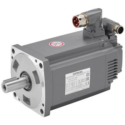 Ein grauer Elektromotor mit Siemens-Logo, hat Anschlüsse oben und ein Etikett mit technischen Spezifikationen an der Seite.