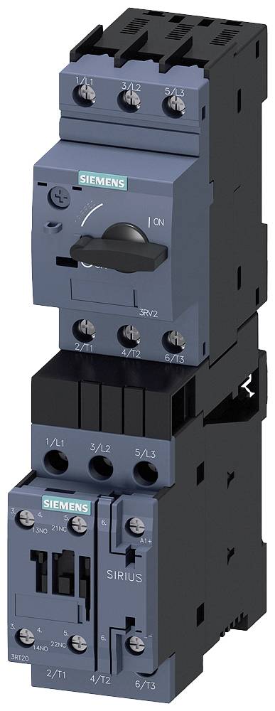 Ein elektrischer Schütz von Siemens in blauer Farbe, bestehend aus mehreren modularen Einheiten, einschließlich eines Schalters oben.