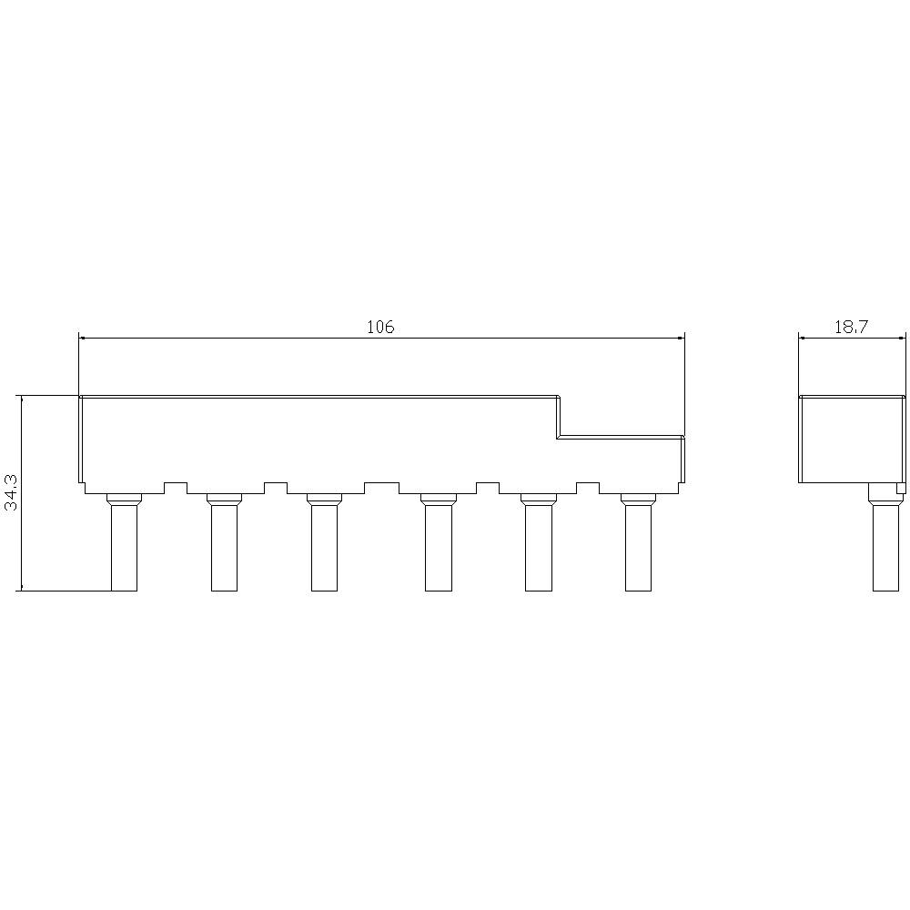Technische Zeichnung eines elektronischen Bauteils, zeigt Maße: Länge 106 mm, Höhe 34,3 mm, Breite 18,7 mm. Mehrere Pins unten.
