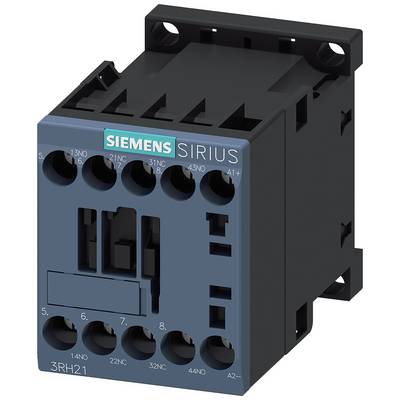 Ein blauer Siemens Sirius Schütz, Modell 3RH21, mit mehreren Anschlüssen und dem verdeckten Spulenelement.