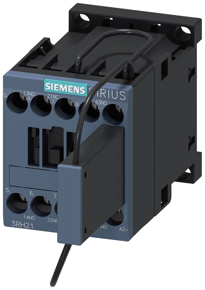 Ein schwarzer elektrischer Schütz mit blauer Vorderseite, Marke 'Siemens', Modell 'Sirius', zeigt Kontaktpunkte und Verdrahtung.