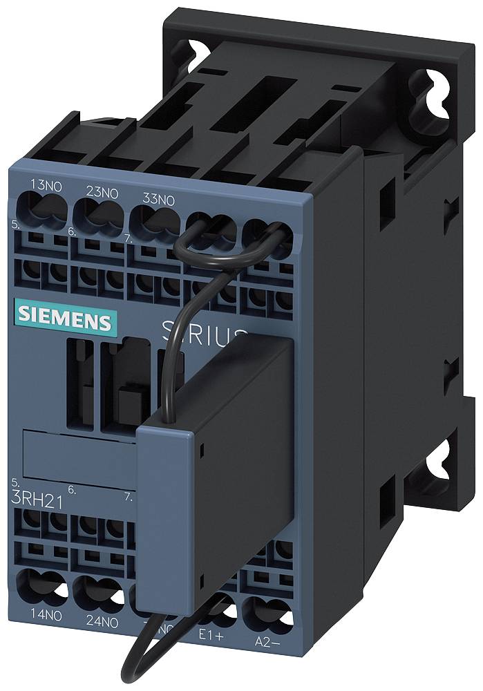 Ein schwarzes und blaues elektrisches Relais mit der Aufschrift 'Siemens'. Kabel sind an den oberen Anschlüssen angebracht.