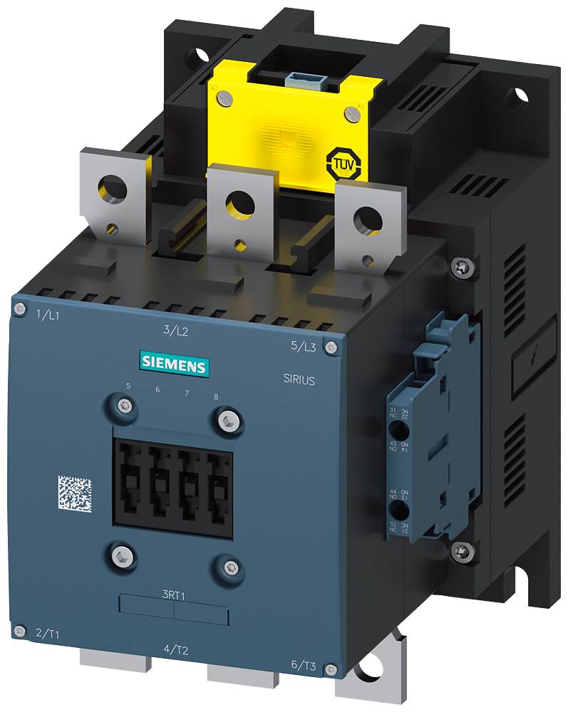 Ein industrieller Schütz des Typs Siemens Sirius mit blauer Frontplatte und vier Anschlussklemmen für elektrische Installationen.