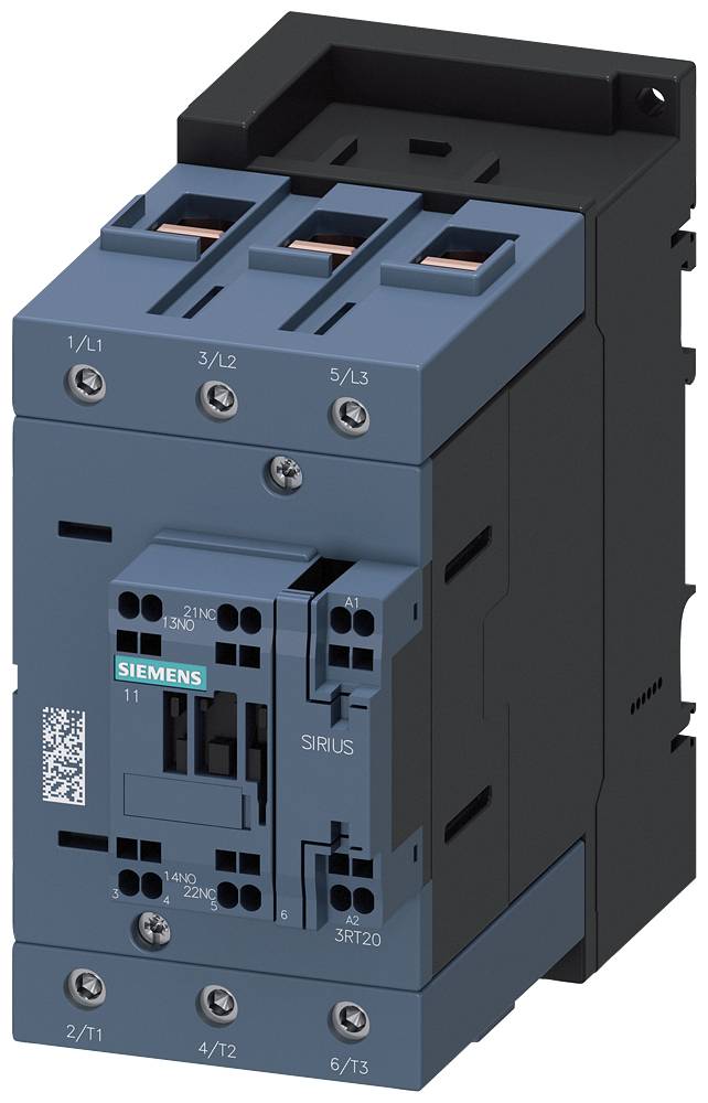 Ein elektrischer Schütz der Marke Siemens, Modell Sirius, mit drei blauen Anschlussklemmen oben und mehreren Schrauben an der Vorderseite.