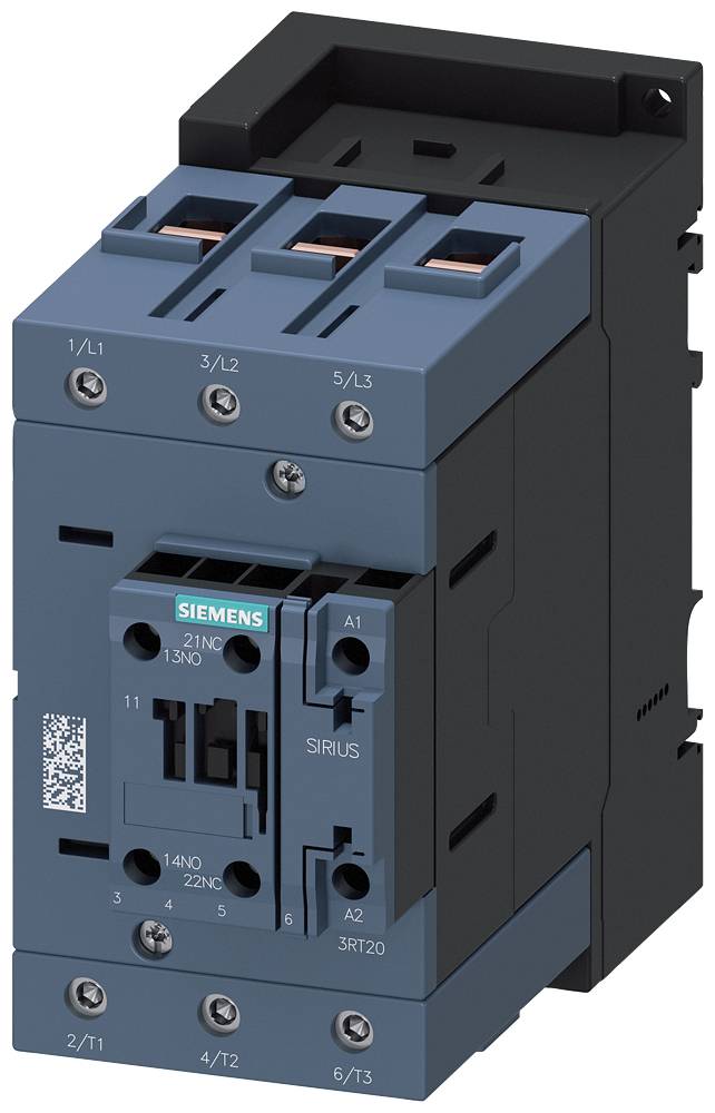 Ein elektrischer Leistungsschalter von Siemens, Modell Sirius, mit drei Phasenanschlüssen und Kontrollschaltern auf der Vorderseite.