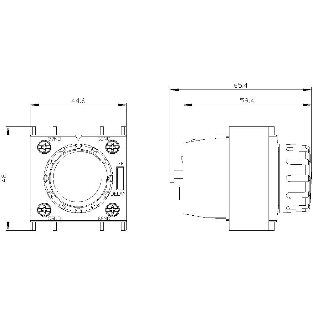 Zeichnung eines quadratischen Schaltrelais mit Abmessungen: Breite 44,6 mm, Höhe 48 mm, Tiefe 59,4 mm. Seiten- und Frontansicht.