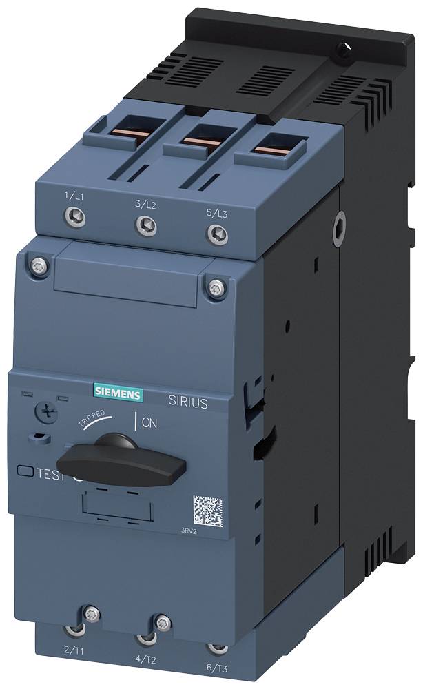 Ein industrieller Leistungsschalter von Siemens der Sirius-Serie, grau mit drei Anschlüssen und einem Schalter zur manuellen Steuerung.