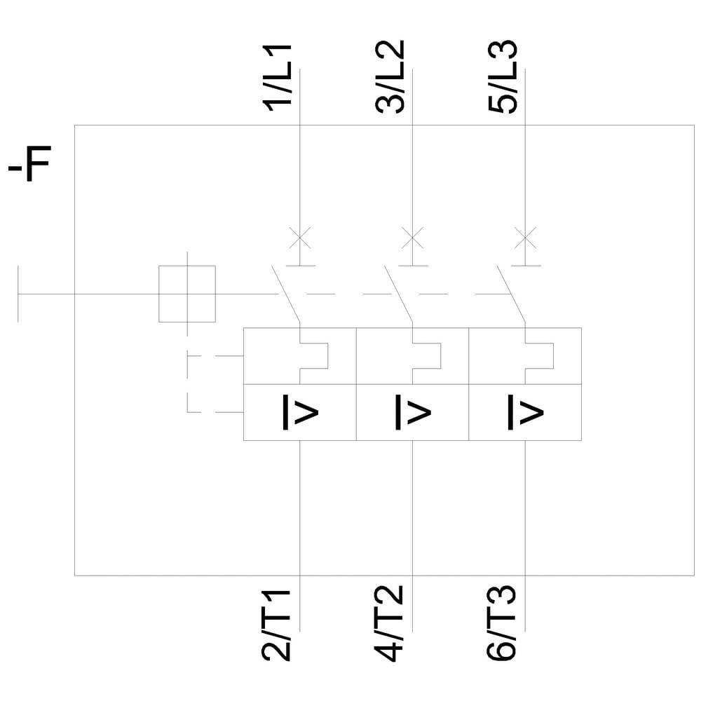 Schaltsymbol einer dreipoligen Schützschaltung mit Beschriftungen: 1/L1, 3/L2, 5/L3 oben; 2/T1, 4/T2, 6/T3 unten.
