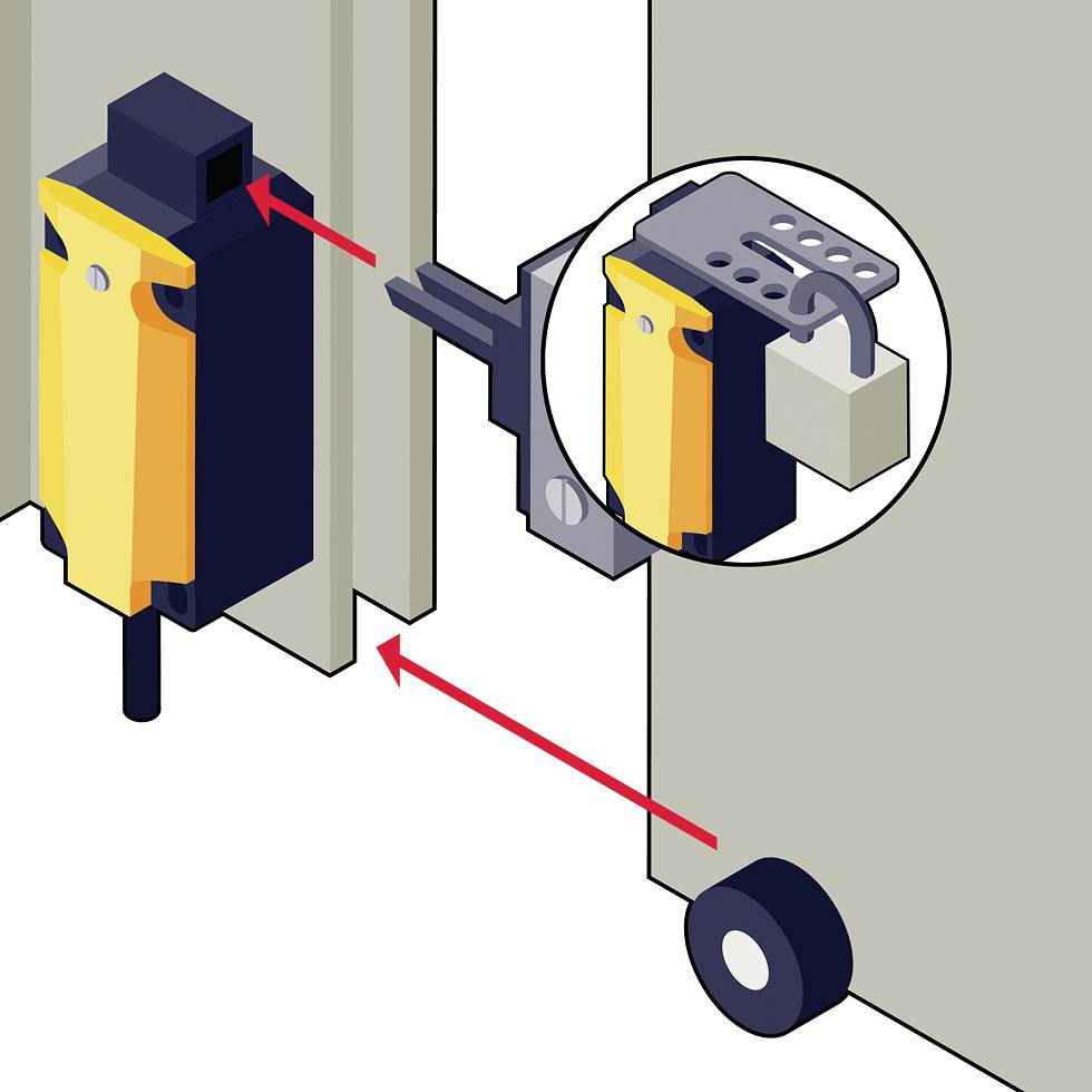 'Illustration eines Endschalters mit Detailansicht. Zeigt den Schaltermechanismus und seine Positionierung an einer Maschine.'