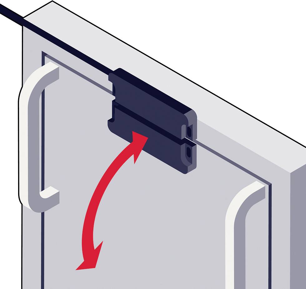 Ein Diagramm zeigt, wie man eine Tür mit Hebelscharnier öffnet. Ein Pfeil veranschaulicht die Bewegungsrichtung der Tür.