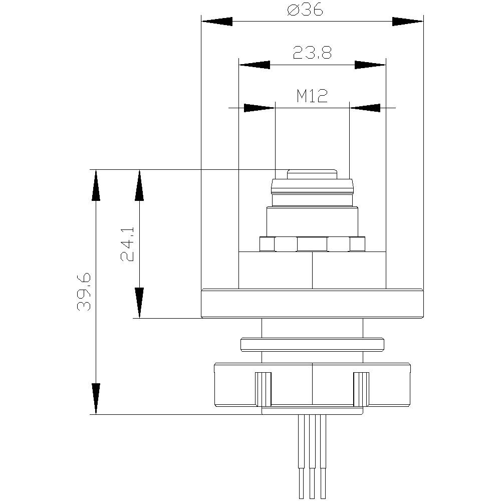 Technische Zeichnung eines runden Druckknopfs mit Durchmesser 36 mm, Höhe 39,6 mm und Gewinde M12; seitliche Ansicht mit Maßen.
