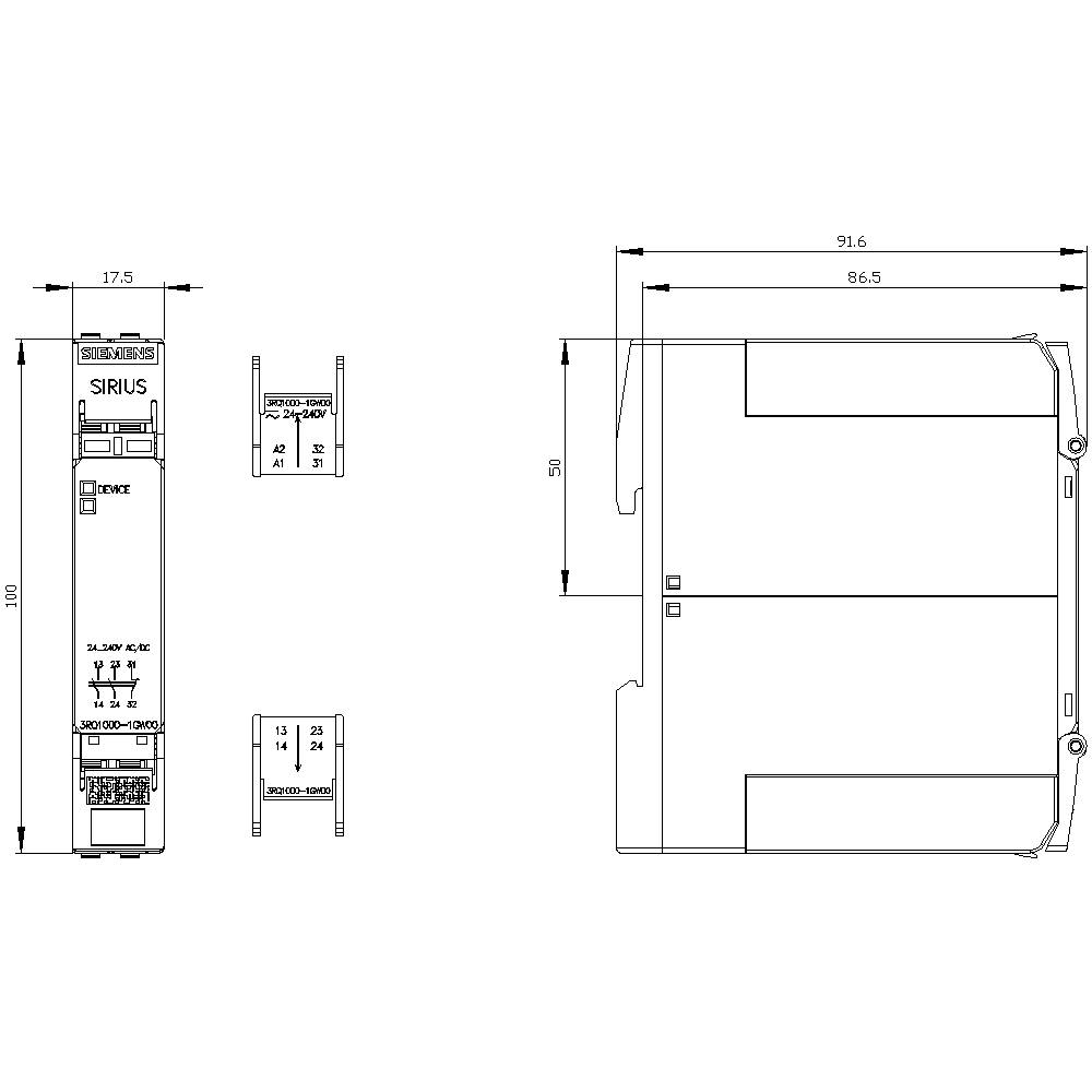 Technische Zeichnung eines elektrischen Geräts, mit Maßangaben in Millimetern; Länge 175, Breite 91,6, Höhe 100.
