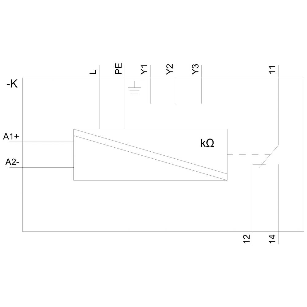 'Elektrischer Schaltplan mit Widerstand kΩ, Anschlüssen K, L, PE, Y1, Y2, Y3, A1+, A2-, 11, 12, 14'