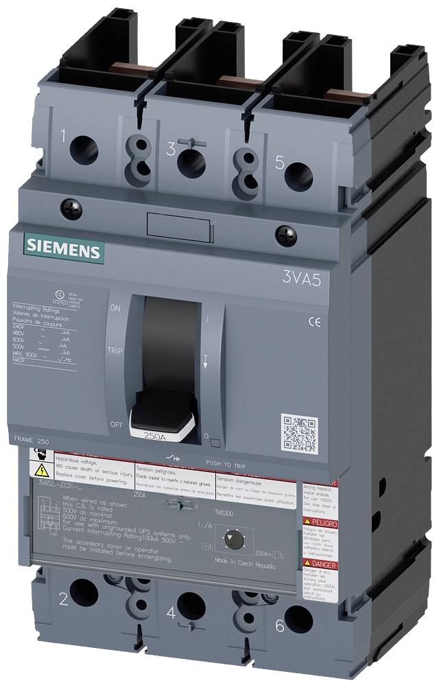 Ein grauer Siemens-Schalter mit drei Anschlüssen oben, Beschriftungen und Hebel zur Steuerung elektrischer Schaltkreise.