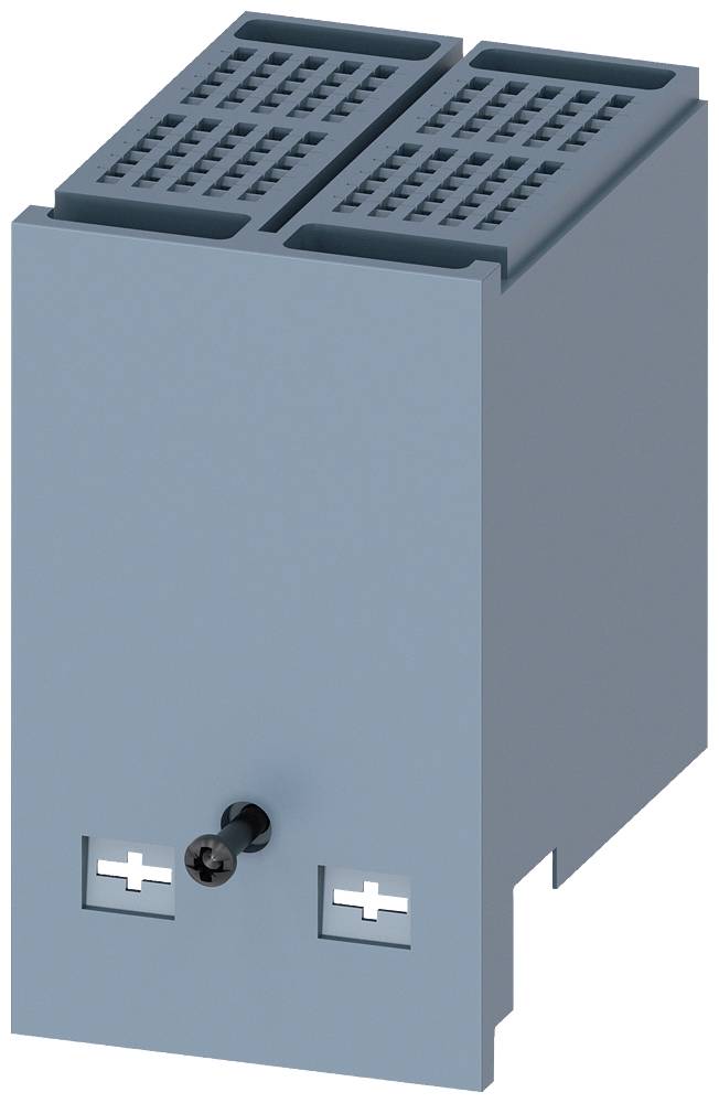 Ein grauer Elektrobaustein mit Plus- und Minus-Symbolen und einem kleinen Hebel in der Mitte, vermutlich für Verkabelungen oder elektrische Verbindungen.