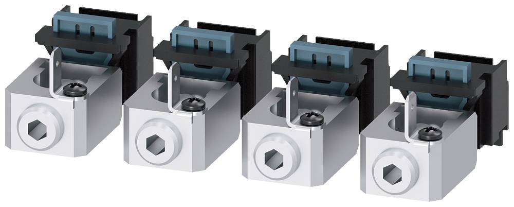 Vier silberne elektrische Anschlussklemmen in einer Reihe, jeweils mit blauen und schwarzen Clips.