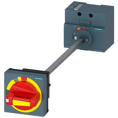 Schalter mit rotem und gelbem Griff in der Position 'Ein', verbunden mit einem grauen Elektronikgehäuse von Siemens.