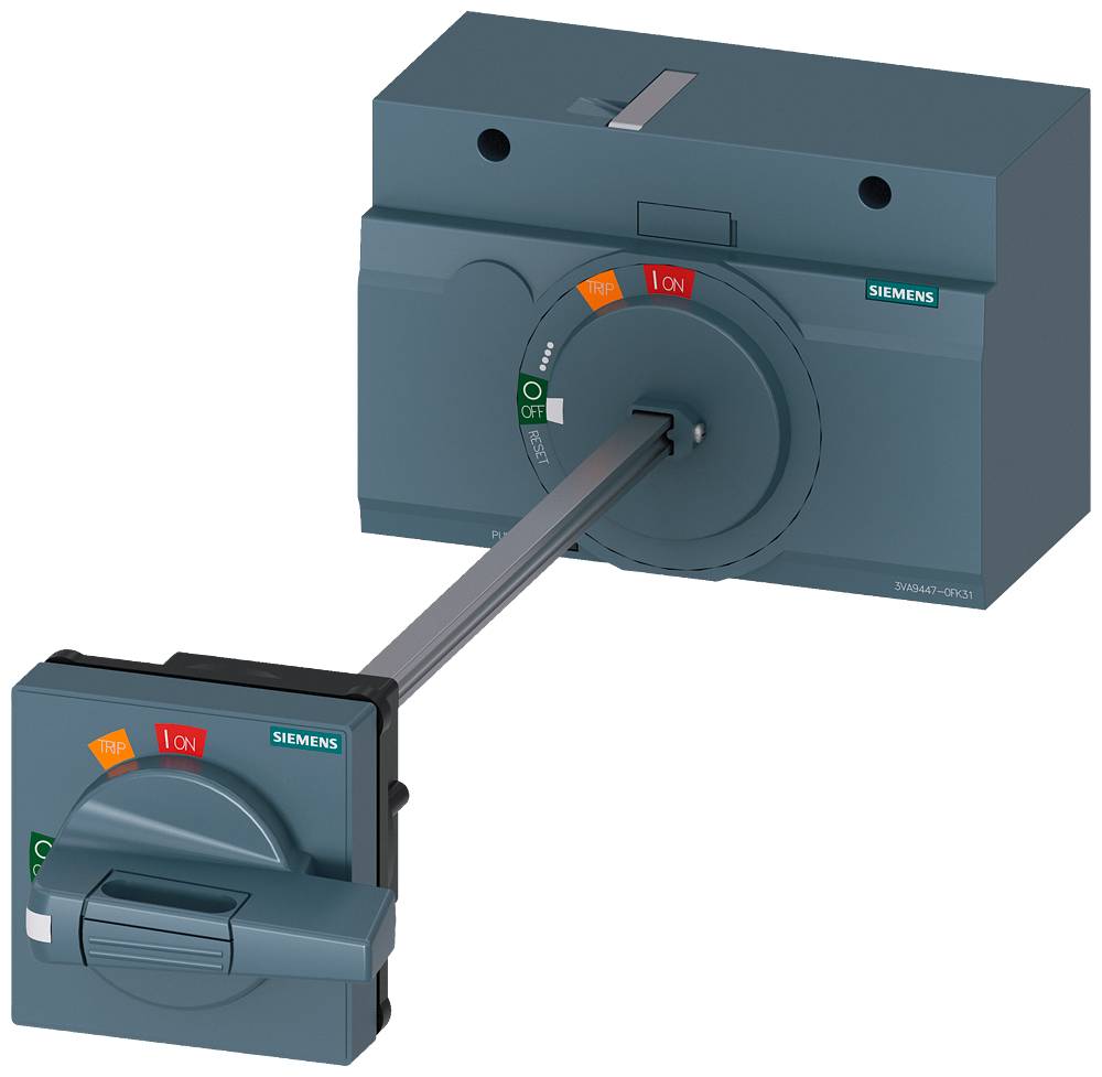 Ein Schaltergerät mit Siemens-Logo, Drehhebel zeigt auf "I ON", obere Einheit verbunden mit unterem Modul durch einen Stab.