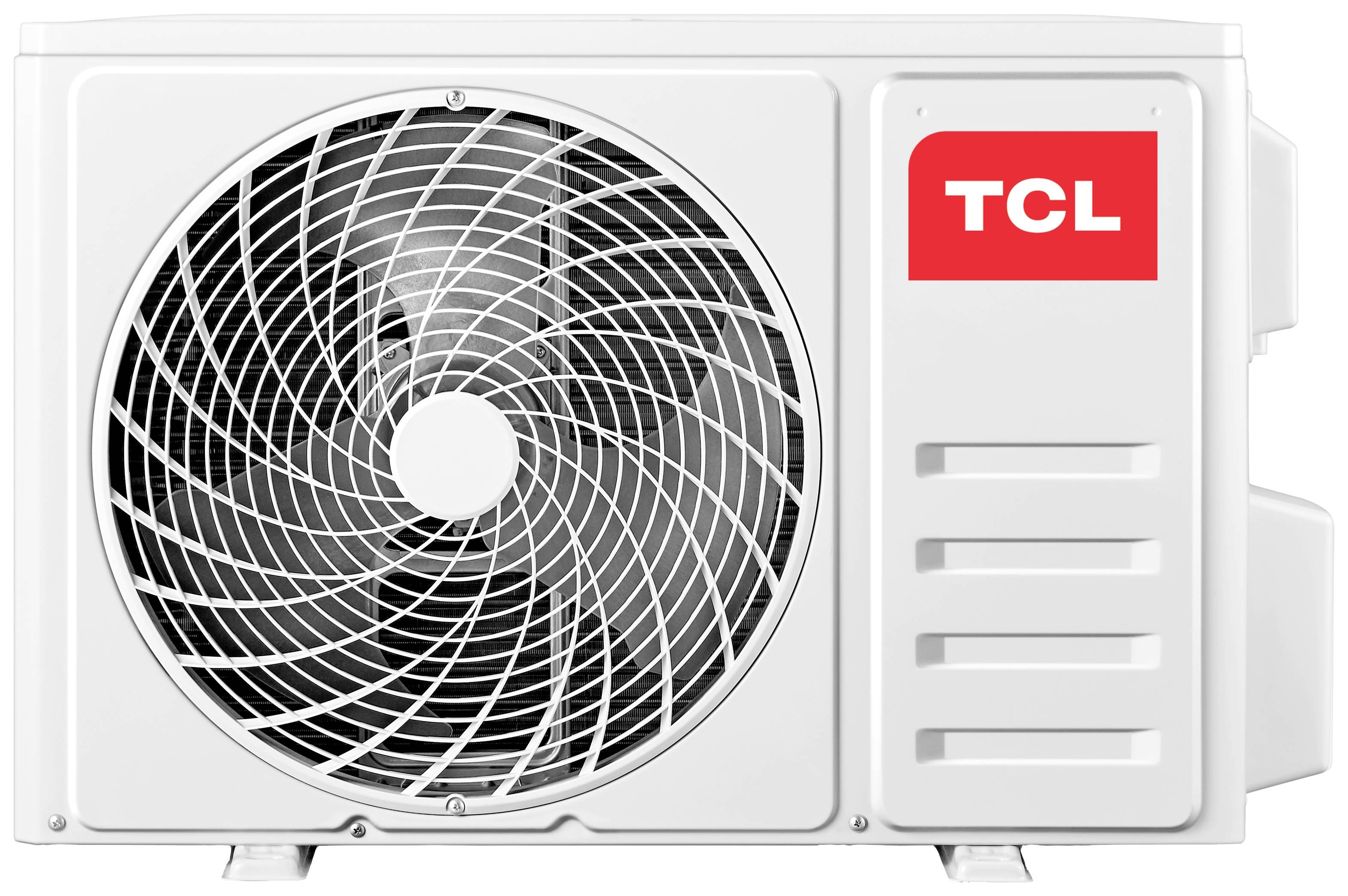 Weiße Klimaanlage mit sichtbarem Ventilator und rotem Logo an der Seite.