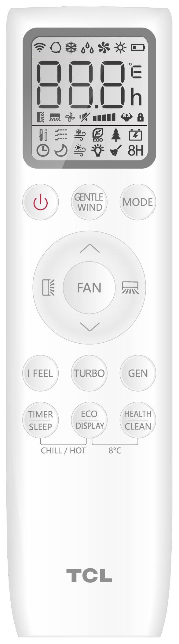 Weiße Fernbedienung mit Display, zeigt Symbole für Temperaturregelung, Lüftermodi und Timer. Tasten für 'MODE', 'FAN', 'TIMER/SLEEP'.