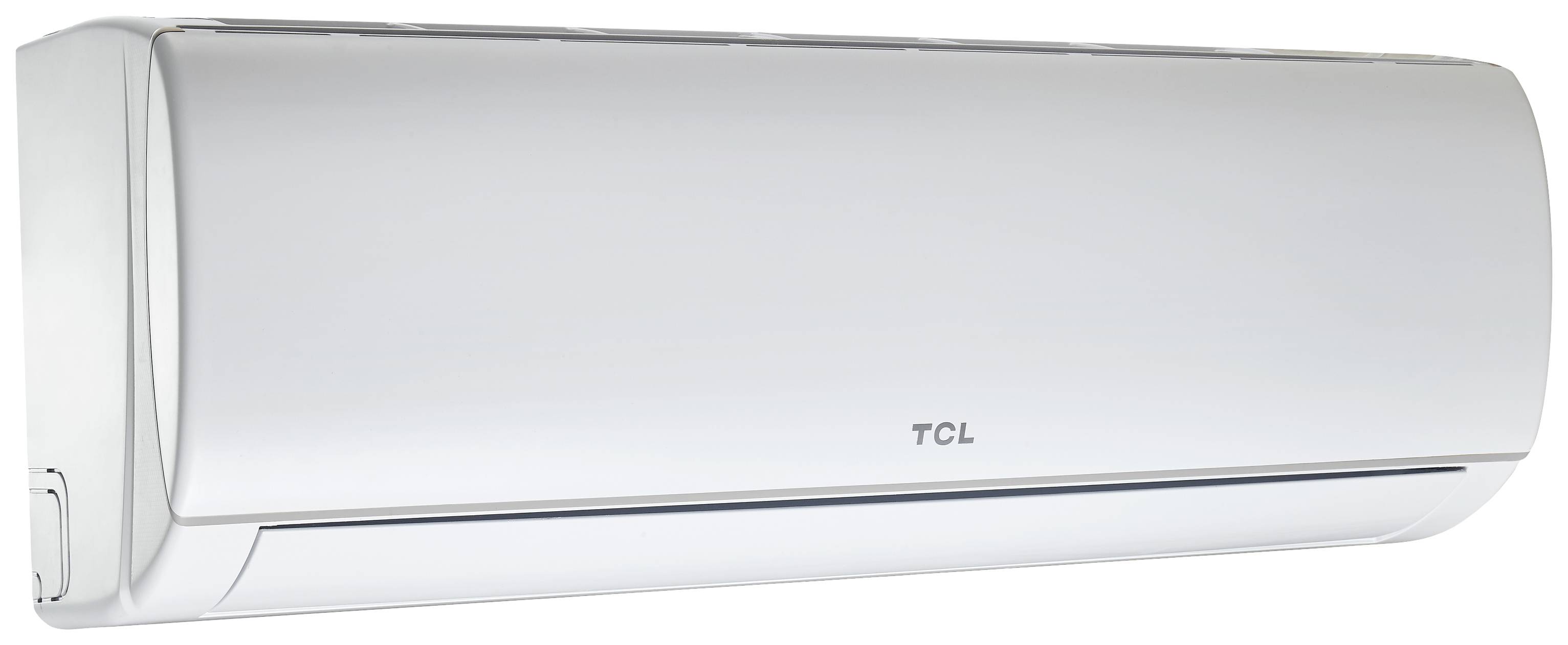 Weißes Wand-Klimagerät mit 'TCL'-Logo in der Mitte.