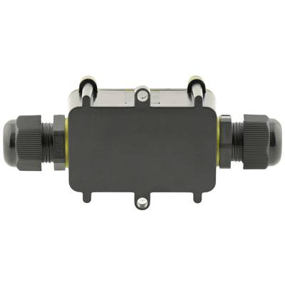Schwarze elektrische Kabelverbindung mit zwei seitlichen Verschraubungen, verwendet zum Sichern und Verbinden von elektrischen Kabeln.