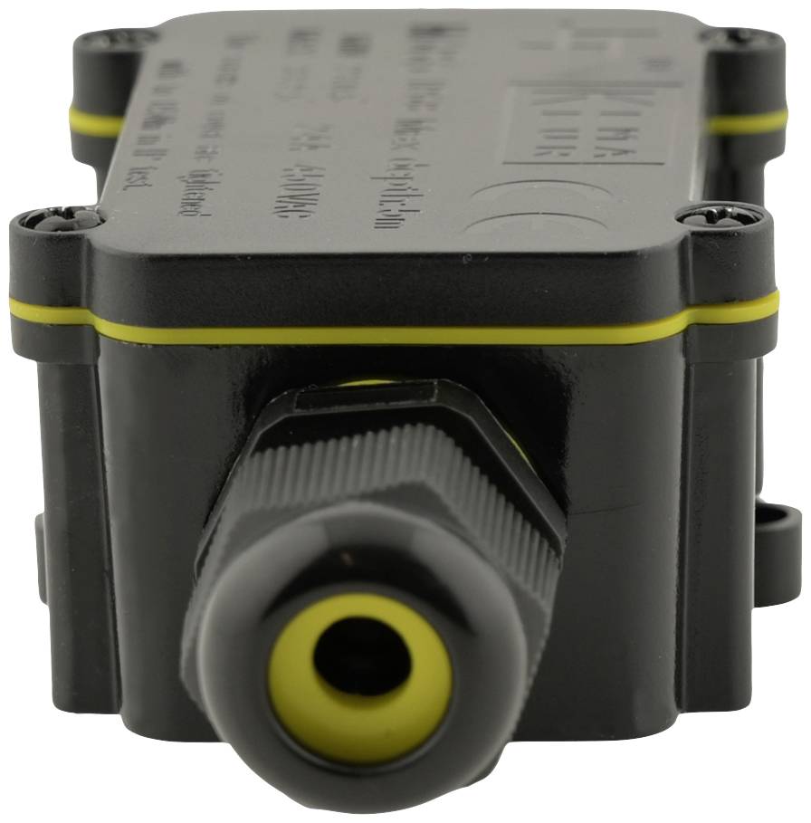 Schwarzes rechteckiges Gerät mit gelben Details und Kabelanschluss vorne, möglicherweise ein elektronisches Bauteil oder Sensor.