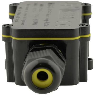 Schwarzes rechteckiges Gerät mit gelben Details und Kabelanschluss vorne, möglicherweise ein elektronisches Bauteil oder Sensor.