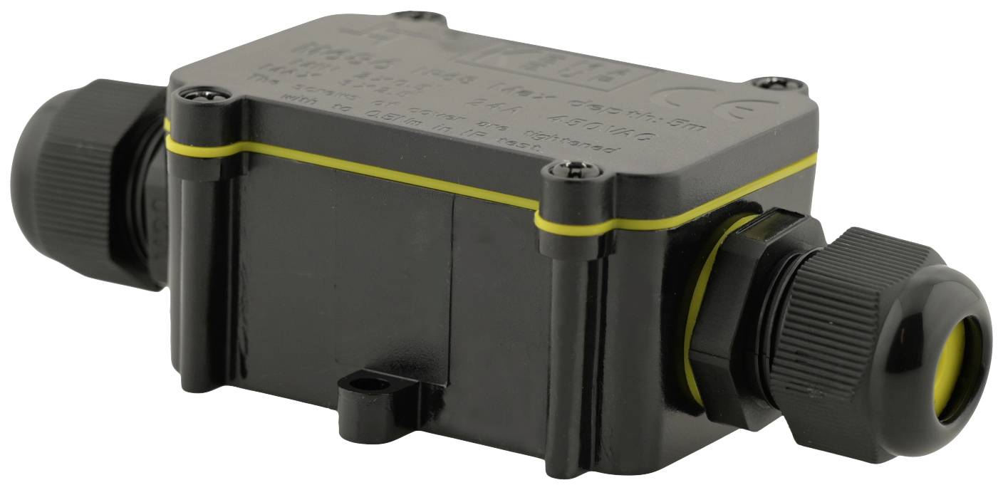 Eine schwarze elektrische Kabelabzweigdose mit gelben Akzenten und mehreren Anschlussverschraubungen. Geeignet für den Outdoor-Einsatz.