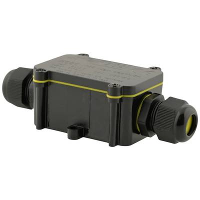 Eine schwarze elektrische Kabelabzweigdose mit gelben Akzenten und mehreren Anschlussverschraubungen. Geeignet für den Outdoor-Einsatz.