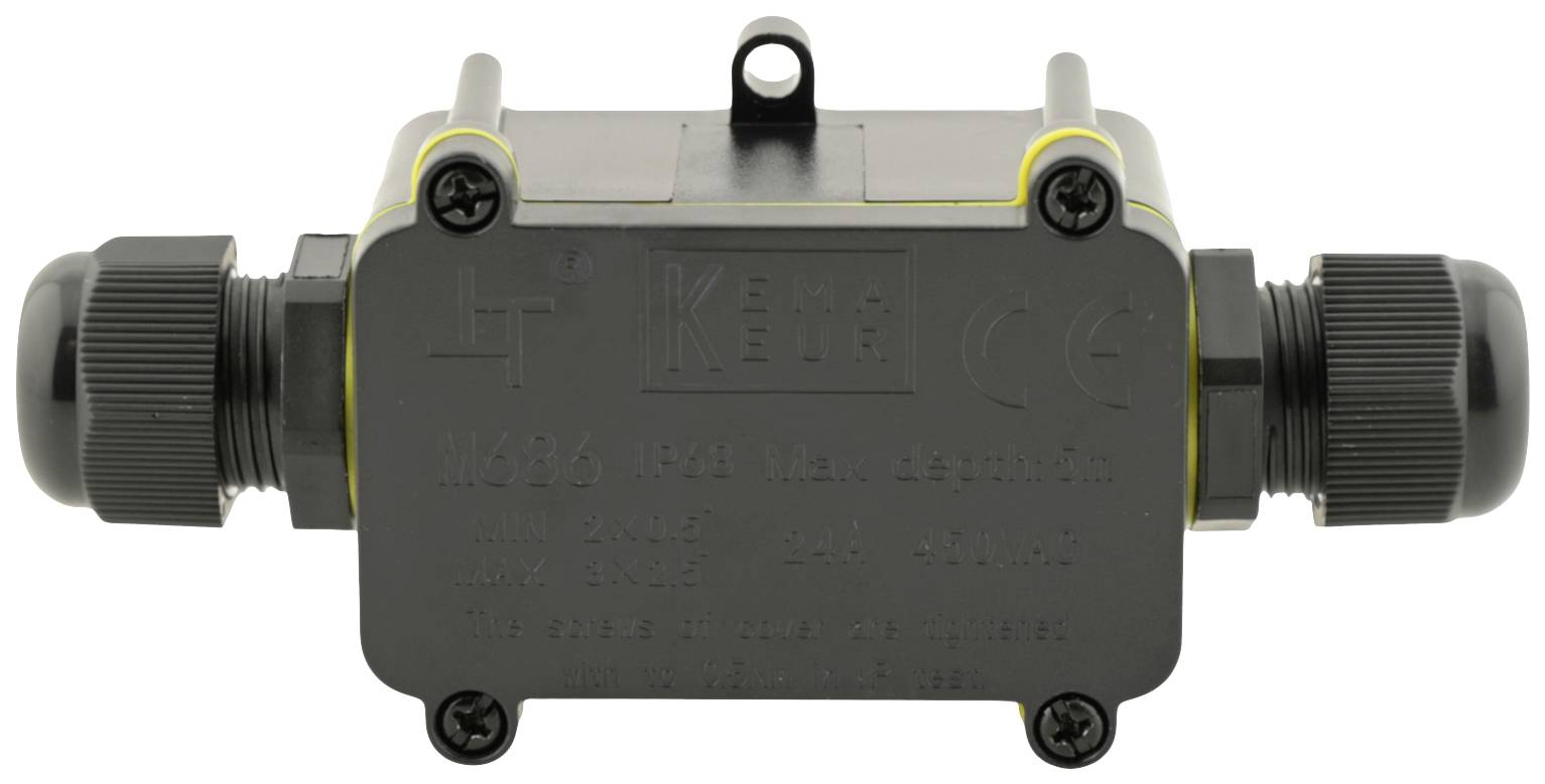 Schwarze, rechteckige elektrische Anschlussbox mit Kabelverschraubungen auf beiden Seiten.