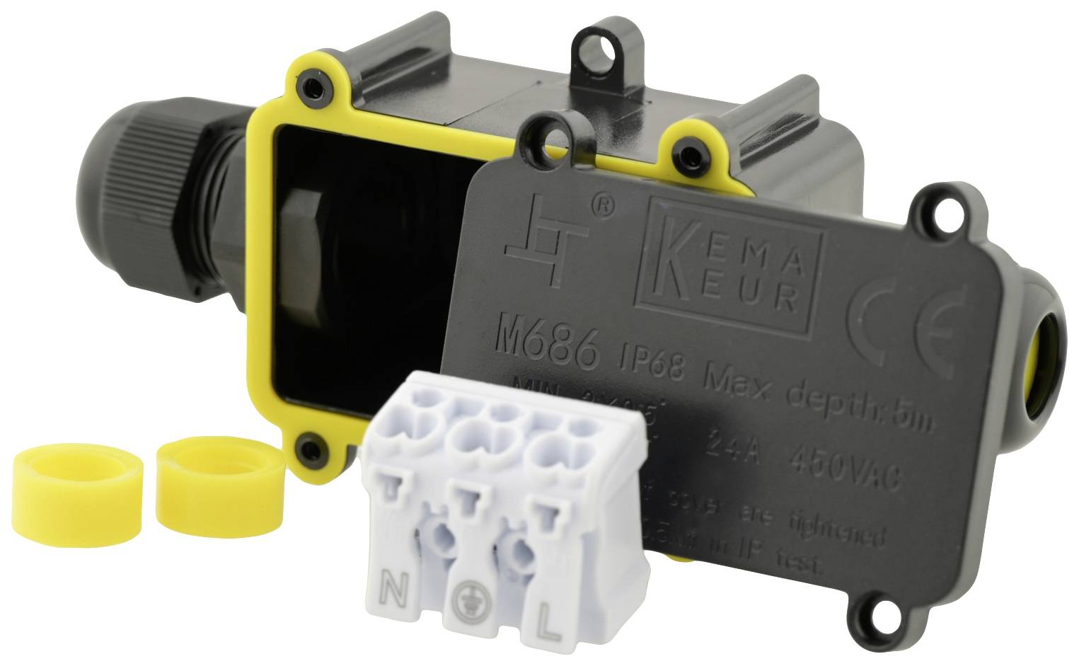 Schwarzes Kabeleinführungssystem mit gelben Dichtungen und weißem Kunststoffansschlussblock, ideal für elektrische Verbindungen.