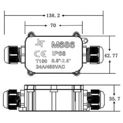 Ein rechteckiger elektrischer Anschlusskasten mit der Aufschrift 'M686 IP68', sowie den Maßen: Länge 138,2 mm, Breite 70 mm.