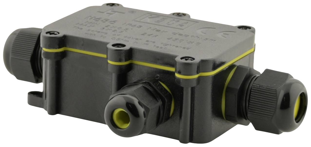 Ein rechteckiger schwarzer Kabelverbinder mit gelben Akzenten und drei Verschraubungen an den Seiten und Enden.