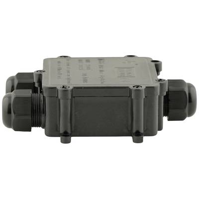 Schwarze, rechteckige Anschlussdose mit drei Kabelverschraubungen, die zur Verbindung elektrischer Leitungen genutzt wird.
