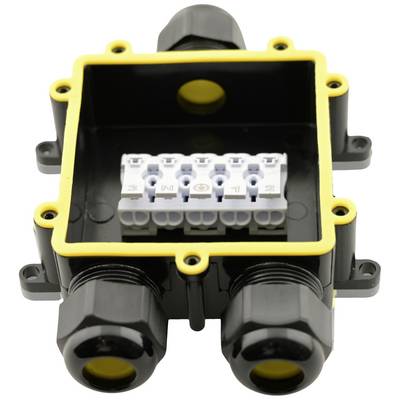 Schwarze Verbindungsdose mit gelbem Randdeckel, geöffnet. Innen befinden sich nummerierte Anschlussklemmen für elektrische Verkabelung.