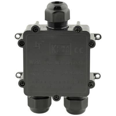 Schwarze elektrische Anschlussdose mit mehreren Kabelöffnungen und Sicherheitszertifizierung auf der Vorderseite.