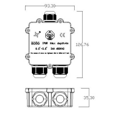 Elektrisches Anschlussgehäuse mit IP68-Schutz, max. Eintauchtiefe 4m, Nennspannung 24A 450VAC, Maße: 93,3 x 126,76 x 35,3 mm.