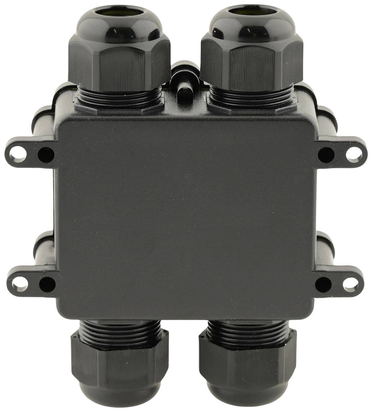 Schwarzes, rechteckiges Gehäuse mit vier Verschraubungen, die Kabeldurchführungen ermöglichen. Geeignet für elektrische Verbindungen.