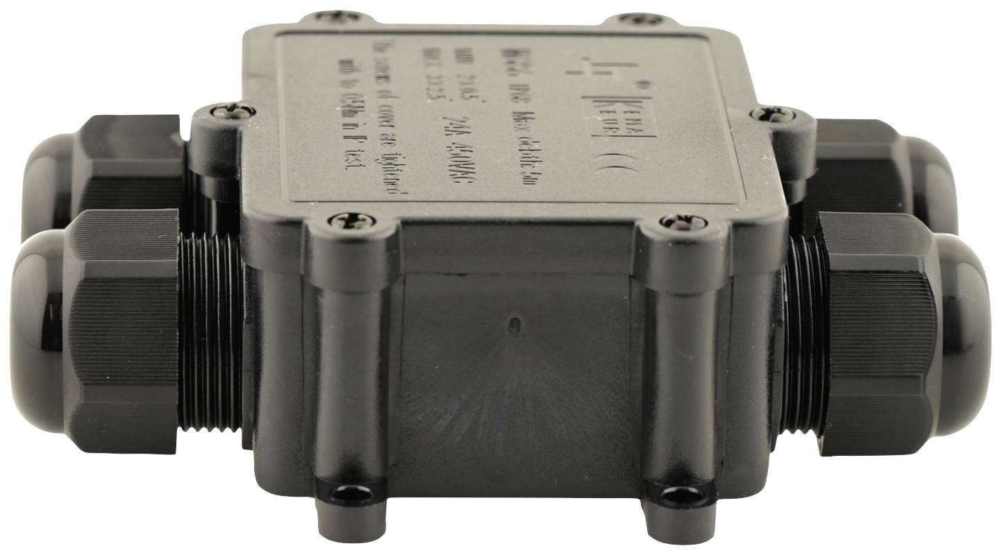 Schwarzer wasserdichter Kabelverbinderkasten mit sechs Verschraubungen und einem rechteckigen Gehäuse. Geeignet für den Außenbereich.