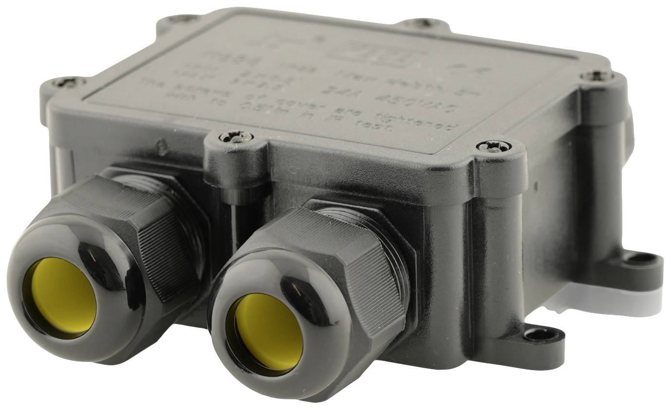 Schwarzes, rechteckiges elektrisches Gehäuse mit zwei gelben Anschlüssen an der Vorderseite, zur Kabeldurchführung und Schutz.