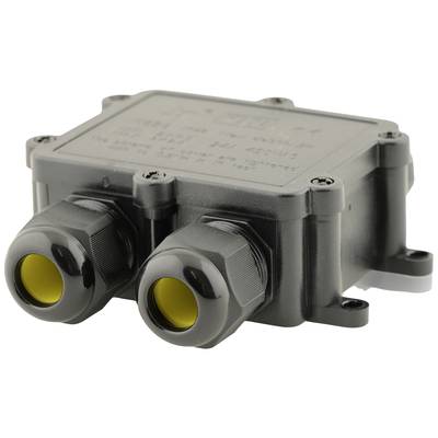 Schwarzes, rechteckiges elektrisches Gehäuse mit zwei gelben Anschlüssen an der Vorderseite, zur Kabeldurchführung und Schutz.