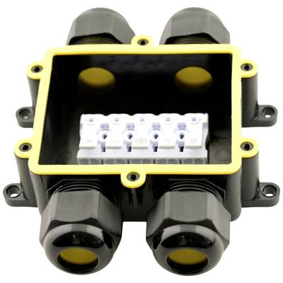 Schwarze Verteilerdose mit gelbem Rand, offen, zeigt innenliegende weiße Anschlussklemmen, bereit für elektrische Verkabelung.